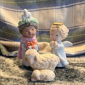 1986 Avon Angel, Child With Gift, and Sheep Figurine Set